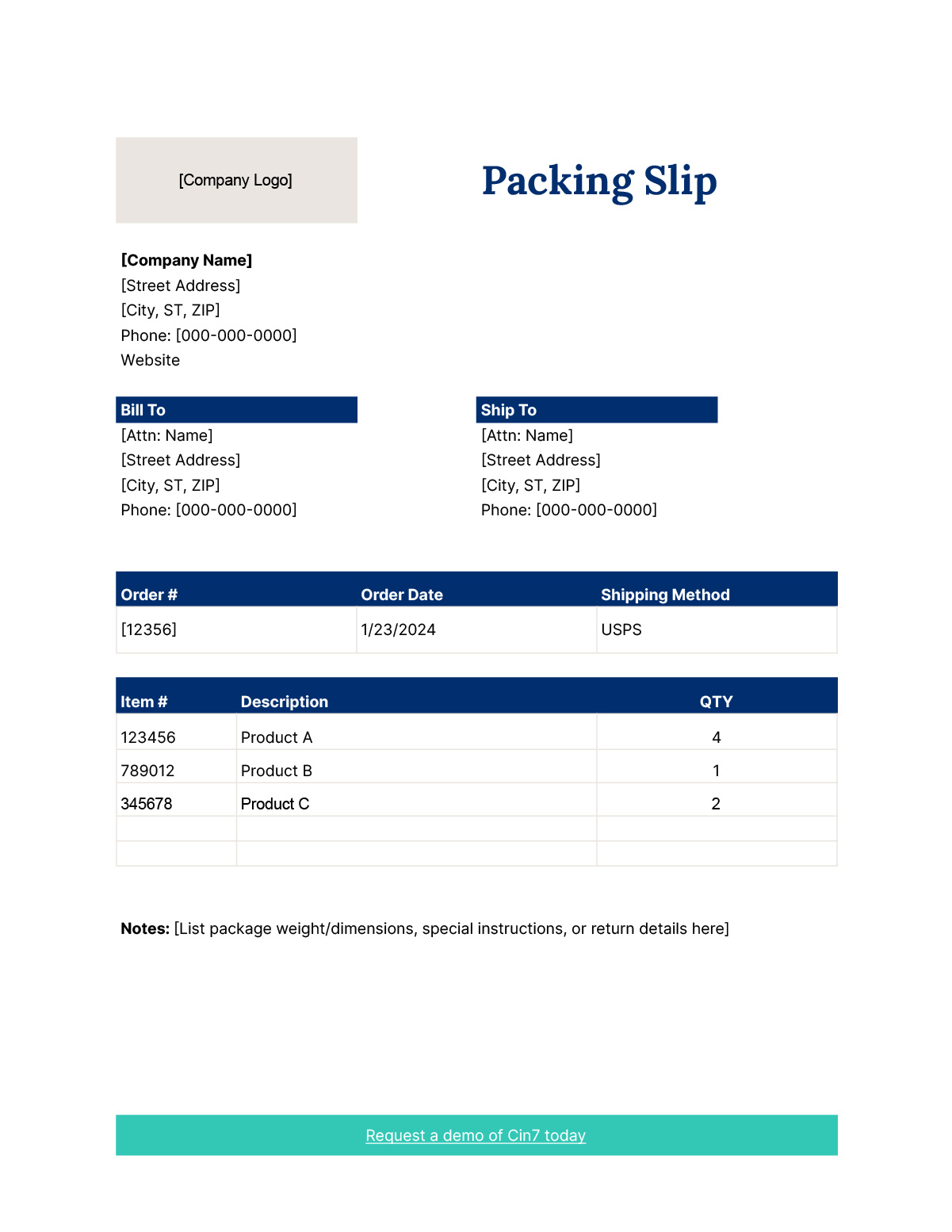 A standard packing slip template.