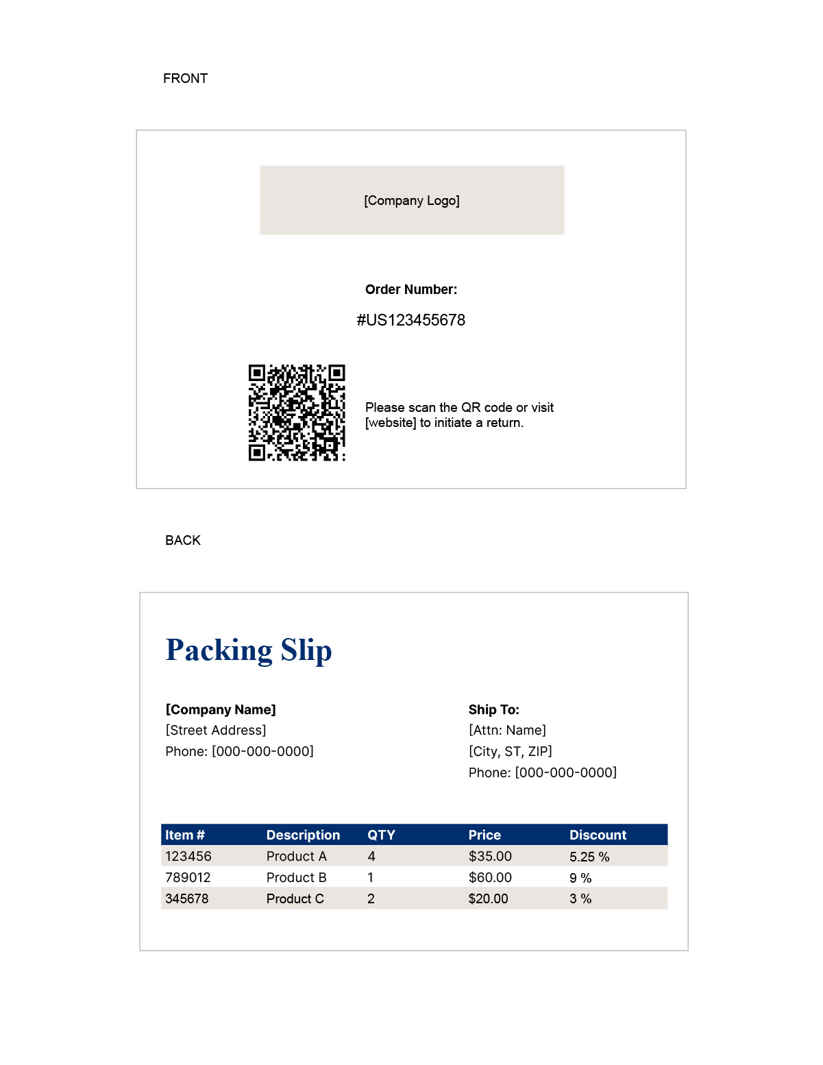 A retail packing slip template.