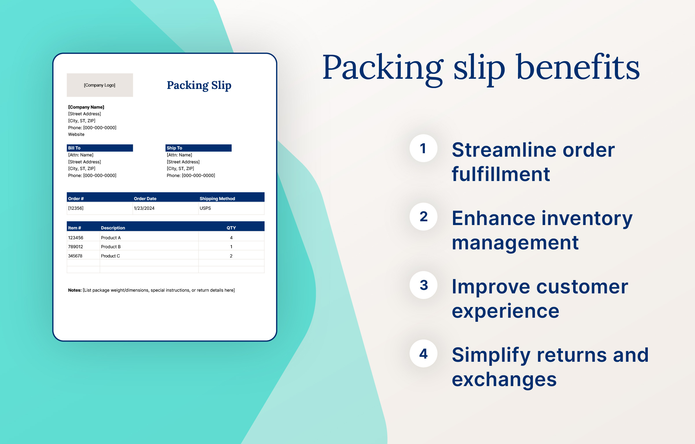 Graphic illustrating the benefits of a packing slip.