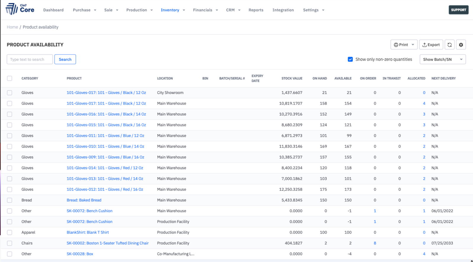 Screenshot of Cin7 Core with real-time product availability