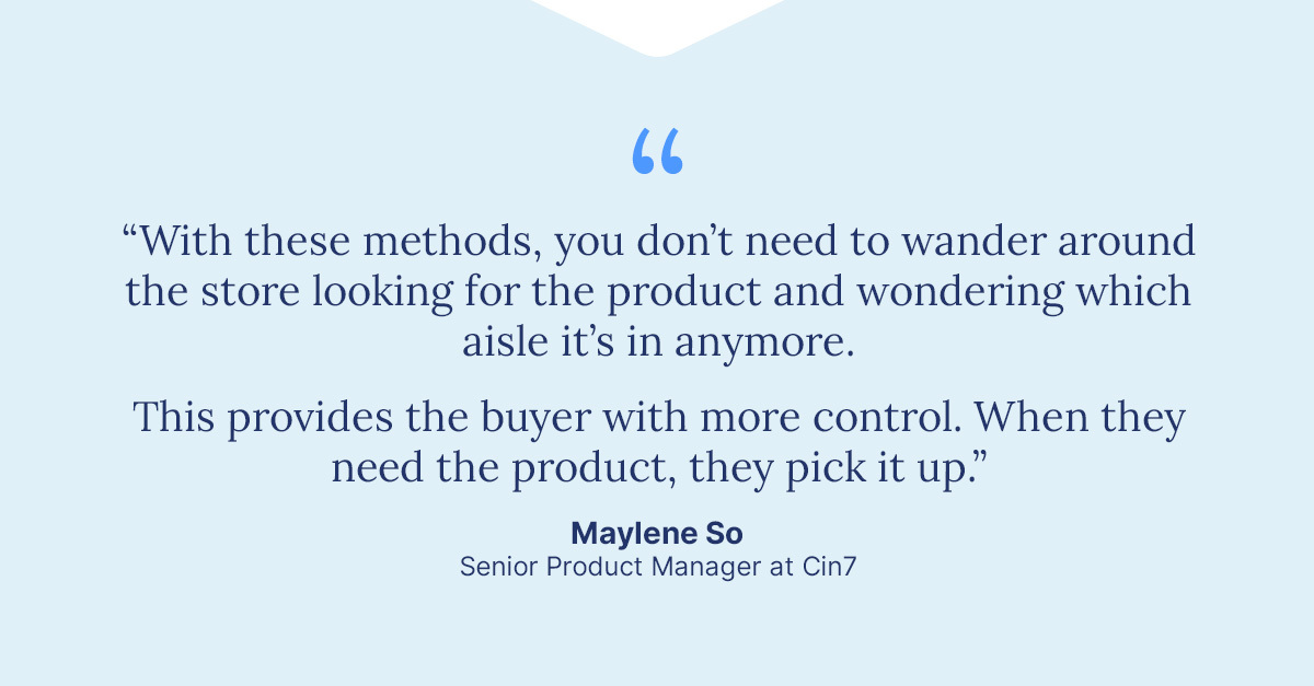 Graphic with a quote from Maylene So on the benefits of BOPIS for retail brands.