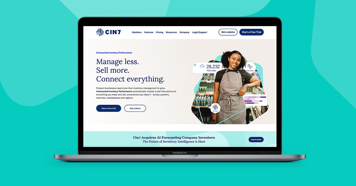 The Cin7 homepage highlighting its connected inventory performance solutions.