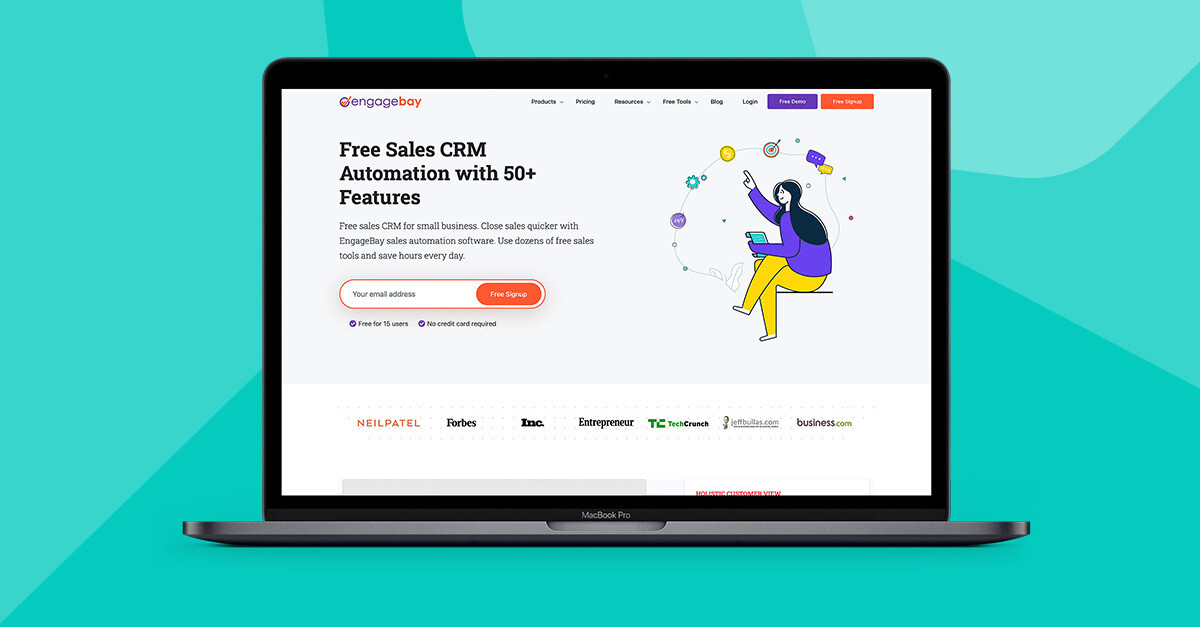 The EngageBay homepage highlighting its free CRM services for small businesses.