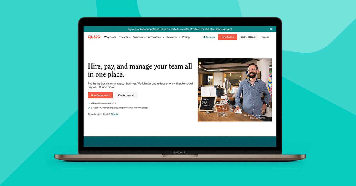The Gusto homepage highlighting its services for hiring, paying, and managing employees.