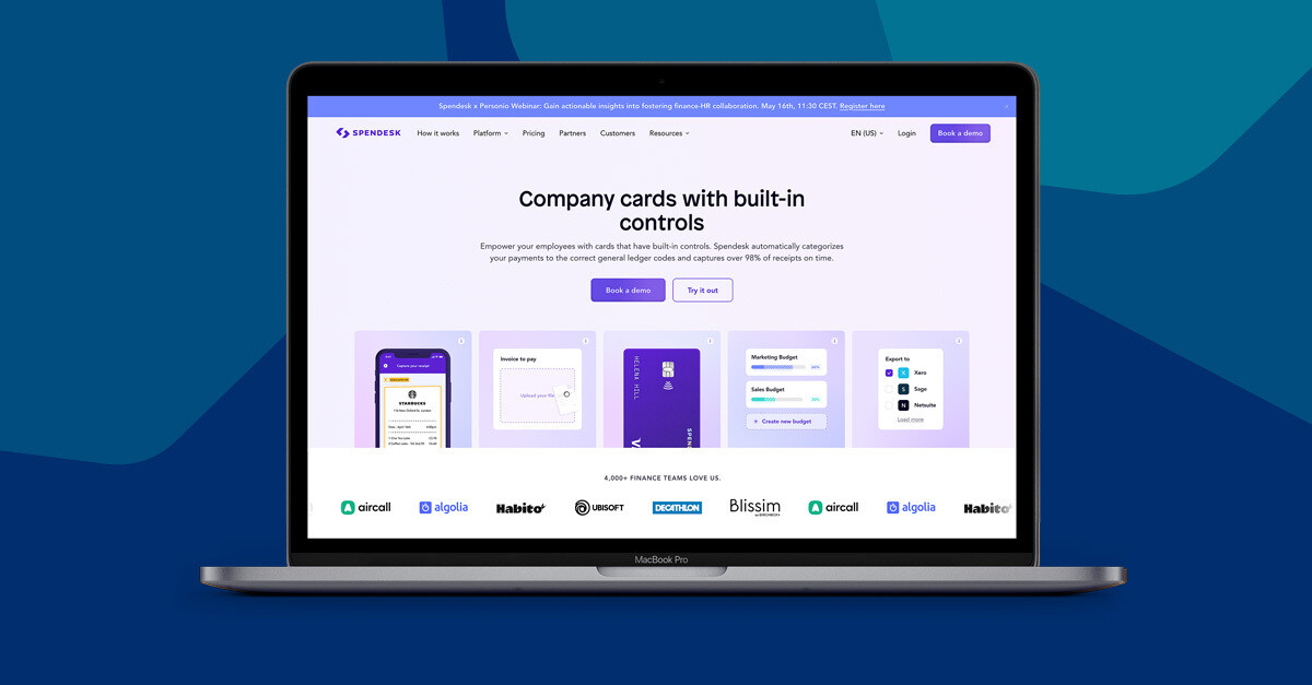 The Spendesk homepage highlighting its services for company cards and spend management.
