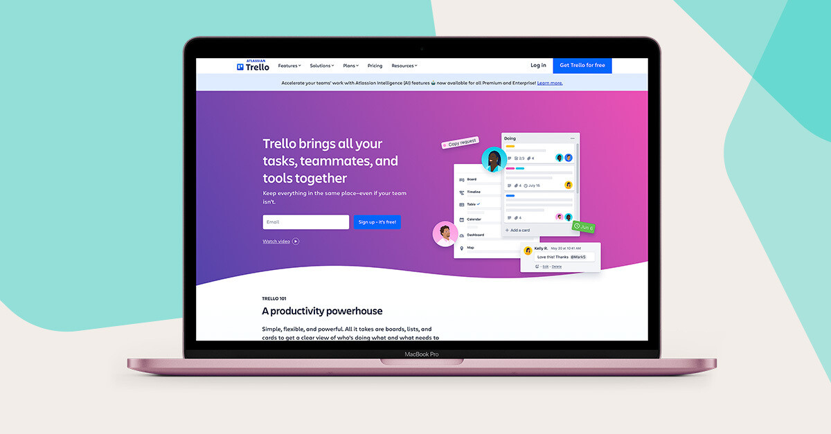 The Trello homepage highlighting its services for employee project management